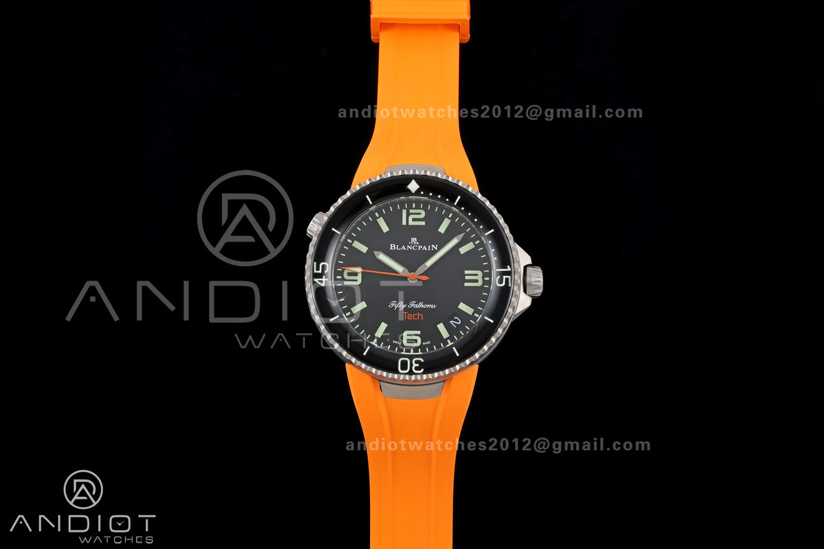 Fifty Fathoms Tech 45 Titanium Case TWF 1:1 Best Edition Black Dial on Orange Rubber Strap A1315A